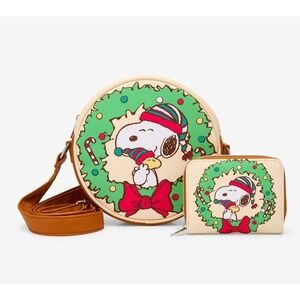 NEW Loungefly Peanuts Snoopy & Woodstock Christmas Wreath Crossbody Bag & WALLET